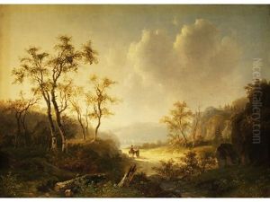 Herbstlandschaft Mit Hohlweg Zwischen Felsigen Anhohen Mit Birken Und Figurenstaffage