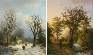 Paysage De Neige Anime De Promeneurs (+ Promeneurs Pres D'une Riviere; Pair) by Barend Cornelis Koekkoek