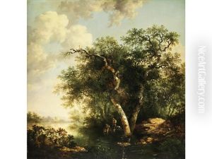 Landschaft Mit Hohen Baumen Am Flussufer Mit Figurenstaffage by Barend Cornelis Koekkoek