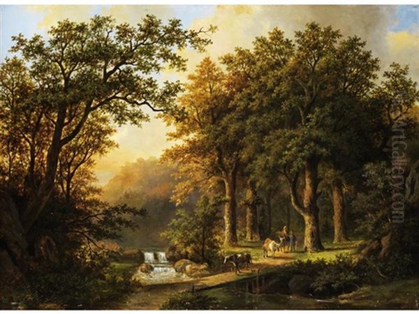 Waldlandschaft Mit Bachlauf, Kleiner Kaskade Und Figurenstaffage Mit Tieren - view 1