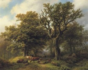 Een Boomrijk Landschap Met Koeiyen, En Schapen Bij Middagstond Een Boomrijk Landschap Met Koeiyen, En Schapen Bij Middagstond