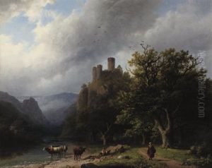 Een Bergachtig Landschap Waarin Een Kleine Waterval Bij Gewone Dag - On A River-bank In A Valley by Barend Cornelis Koekkoek