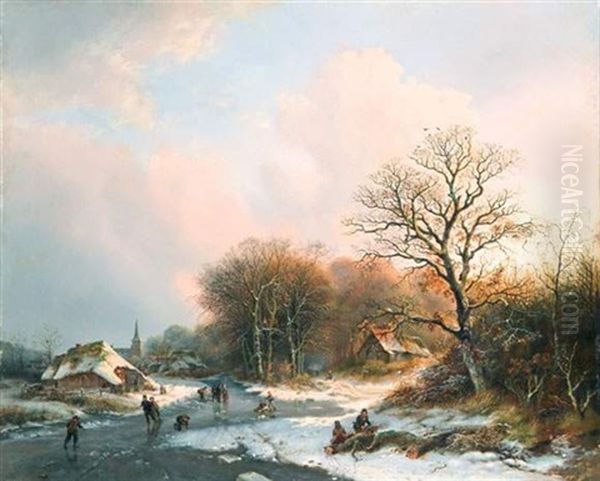 Paysage D'hiver Avec Des Patineurs Sur Une Riviere Gelee Pres D'un Sous-bois - view 1