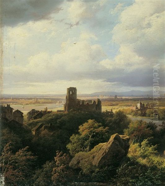Flusslandschaft Mit Kirchenruine Und Pferdewagen - view 1