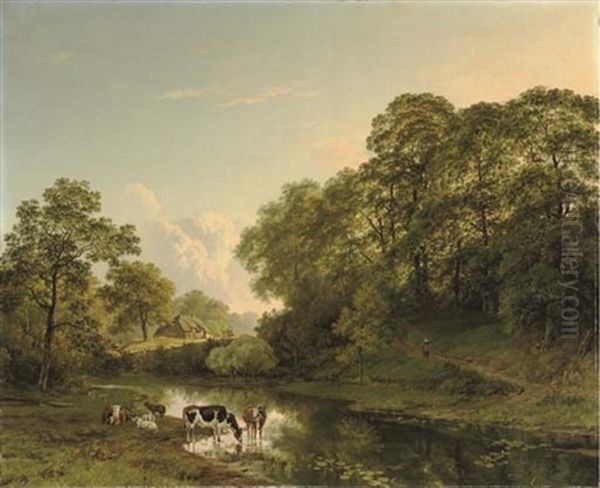 Het Kastanjewoud Bij Beek - Cattle By A Ford In An Undulating Forest Landscape - view 1