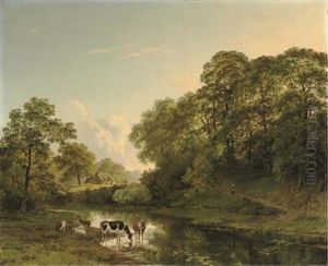 Het Kastanjewoud Bij Beek - Cattle By A Ford In An Undulating Forest Landscape by Barend Cornelis Koekkoek