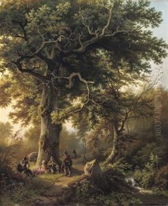 Travellers Resting Under A Tree In Late Summer by Barend Cornelis Koekkoek