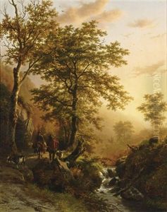 A Traveller And A Herdsman In A Mountainous Landscape by Barend Cornelis Koekkoek
