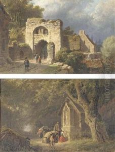 At The Old Town Gate (+ Travellers By A Chapel In A Forest; Pair) by Barend Cornelis Koekkoek