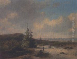 Weitlaufige Hugellandschaft Mit Einer Bauerin Auf Dem Weg In Eine Im Hintergrund Liegende Stadt