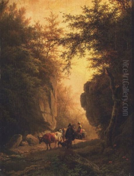 Figures And Cattle On A Rocky Woodland Path - view 1