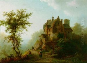Figures Near A Castle In A Wooded, Hilly Landscape