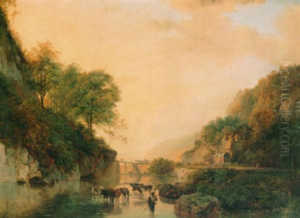 A Cowherd With Watering Cows In A Hilly Landscape - view 1