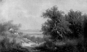Hugelige Landschaft Mit Einer Frau Auf Einem Weg Am Waldesrand Entlang Ins Tal Hugelige Landschaft Mit Einer Frau Auf Einem Weg Am Waldesrand Entlang Ins Tal