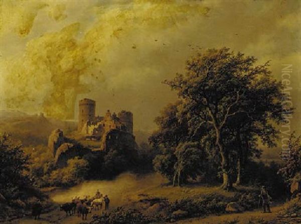 Figures And Cattle On A Path In A Wooded Landscape With A Castle Beyond - view 1