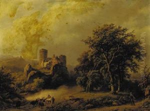 Figures And Cattle On A Path In A Wooded Landscape With A Castle Beyond