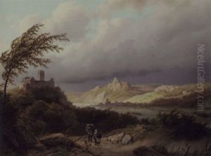 A Rhenish Landscape With Travellers On A Rocky Path, A Storm Approaching by Barend Cornelis Koekkoek