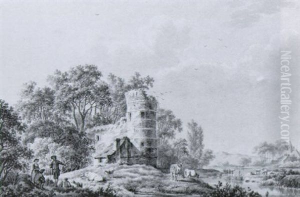 A Cowherd With Cattle Near A River - view 1