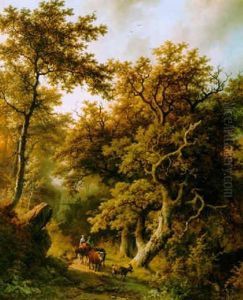 Peasants With Cattle On A Forest Path by Barend Cornelis Koekkoek