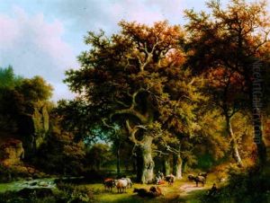 A Wooded Landscape With Cows And Herdsmen Near A Stream by Barend Cornelis Koekkoek