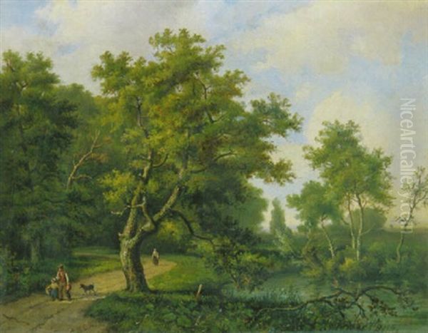 Waldlandschaft Mit Spaziergangern Auf Dem Weg Am Ufer Eines Flusschens - view 1