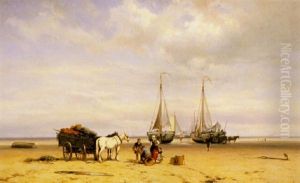 Fishermen Unloading The Catch On Scheveningen Beach by Barend Cornelis Koekkoek