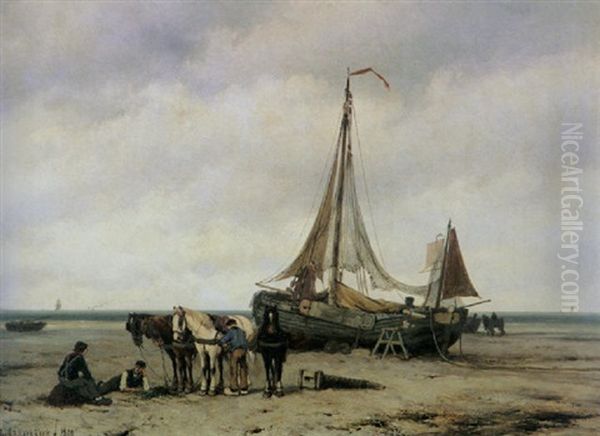 Fishermen By A Beached Bomschuit - view 1