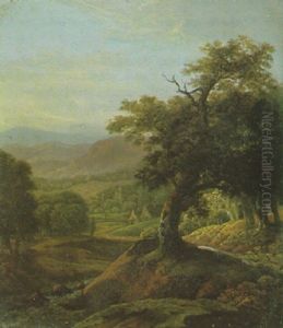 Hugellandschaft Mit Eichen, Im Mittelgrund Zwei Bauernhauser