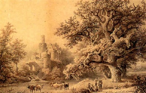 Figures In A River Landscape By A Castle - view 1