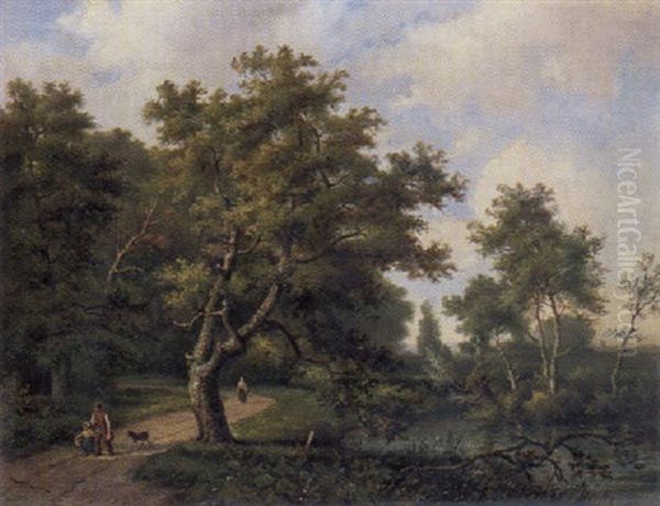 Waldlandschaft Mit Spaziergangern Auf Dem Weg Am Ufer Des Fluschens - view 1