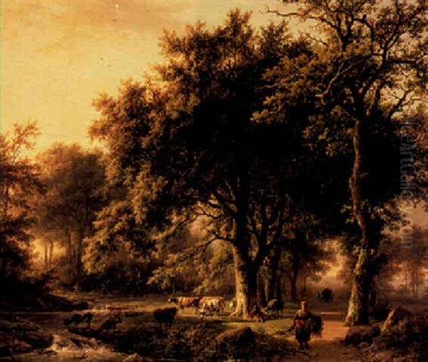 A Herd With Cattle By A Forest Creek, A Peasant Girl Passing By - view 1