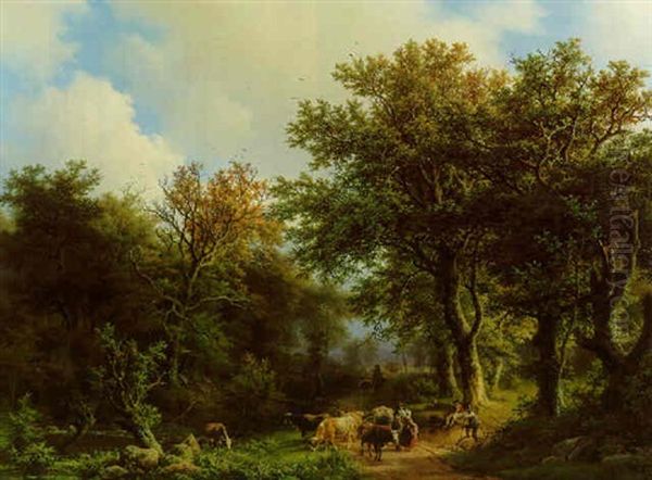 A Wooded Landscape With Cattle And Figures On A Path - view 1