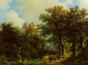 A Wooded Landscape With Cattle And Figures On A Path by Barend Cornelis Koekkoek