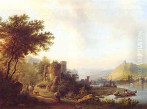A River Landscape With Travellers On A Path Along Ruins, Boats Near A Town Beyond