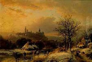 Figures On A Frozen River, A View Of Kleve To The Right by Barend Cornelis Koekkoek