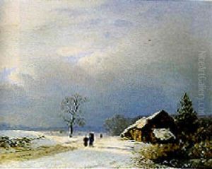A Winter Landscape With Woodgatherers On A Track By A Farmhouse