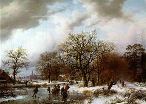 A Frozen Winter Landscape With Figures Skating On A Frozen River by Barend Cornelis Koekkoek