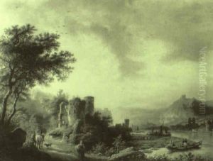 River Landscape With Figures On A Track Before Ruined Tower by Barend Cornelis Koekkoek