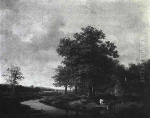 A June Evening/river View With Cattle Watering And Haying by Barend Cornelis Koekkoek