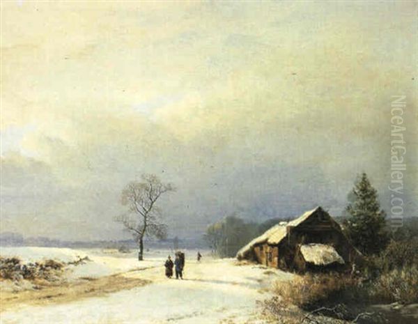A Snow Landscape With Figures On A Path Near A Farm - view 1