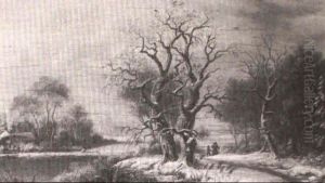 A Wooded Winter Landscape With Peasant Woman And Child On A Snowy Path Near A Farm by Barend Cornelis Koekkoek