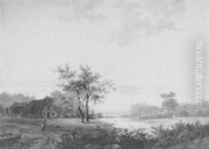A Wooded River Landscape With A Drover And A Sheep On A     Track