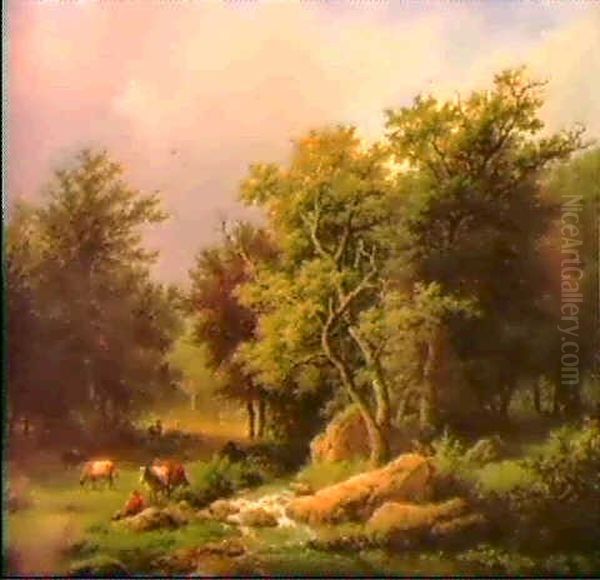 A Wooded Landscape With Herds And Cattle By A Stream - view 1