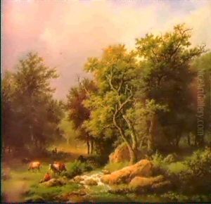 A Wooded Landscape With Herds And Cattle By A Stream