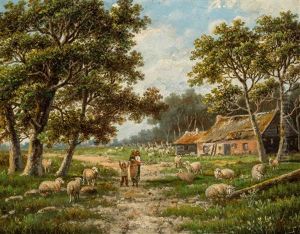 Family In A Sheep Meadow by Hendrik Barend Koekkoek