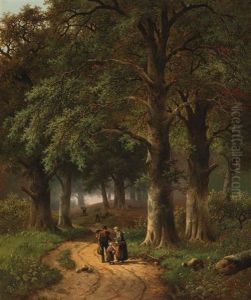 Encounter On The Woodland Path, Woodworkers In The Background by Hendrik Barend Koekkoek