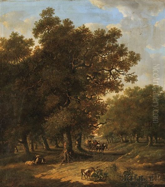 Wooded Landscape With Horse Cart And Livestock - view 1
