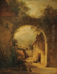 Figures In A European Village With Archway by Hendrik Barend Koekkoek