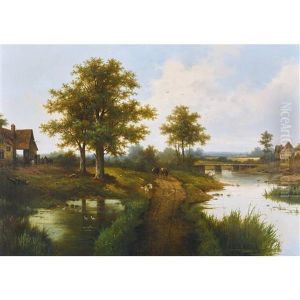 Landliche Wegpartie Am Fluss Mit Kuhen Landliche Wegpartie Am Fluss Mit Kuhen