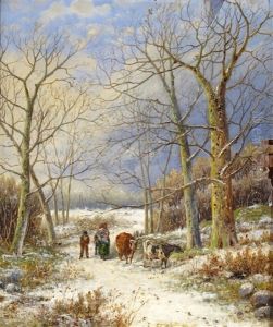 Shepherd And Sheep By A Barn; Family And Cows In A Winter Landscape (pair) by Hendrik Barend Koekkoek